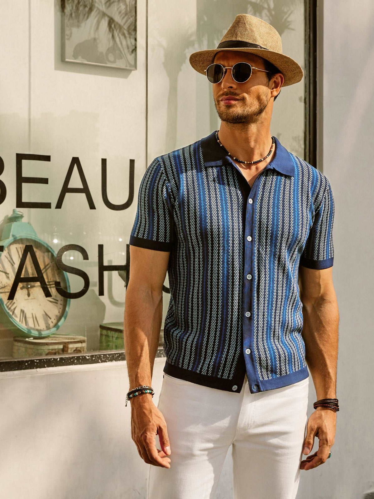 Men's Button-Down Striped Polo Shirt