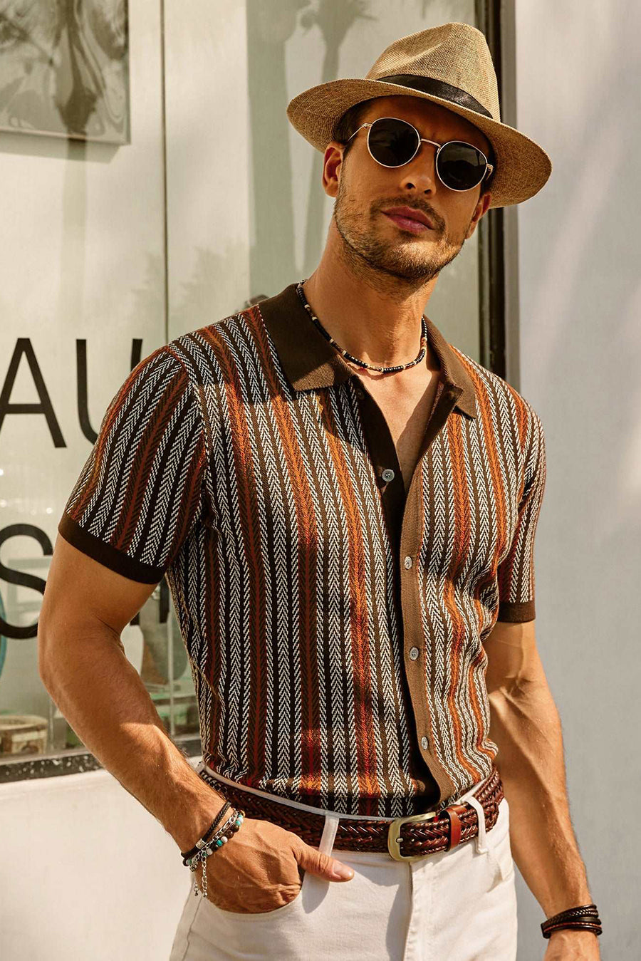 Men's Button-Down Striped Polo Shirt