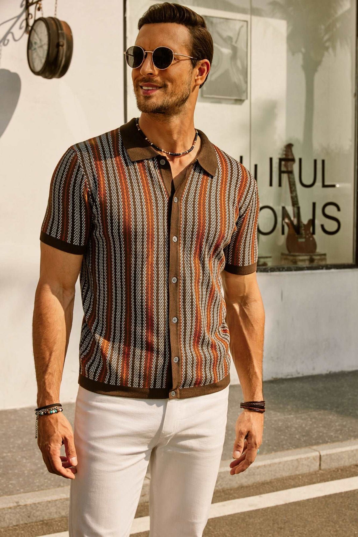 Men's Button-Down Striped Polo Shirt