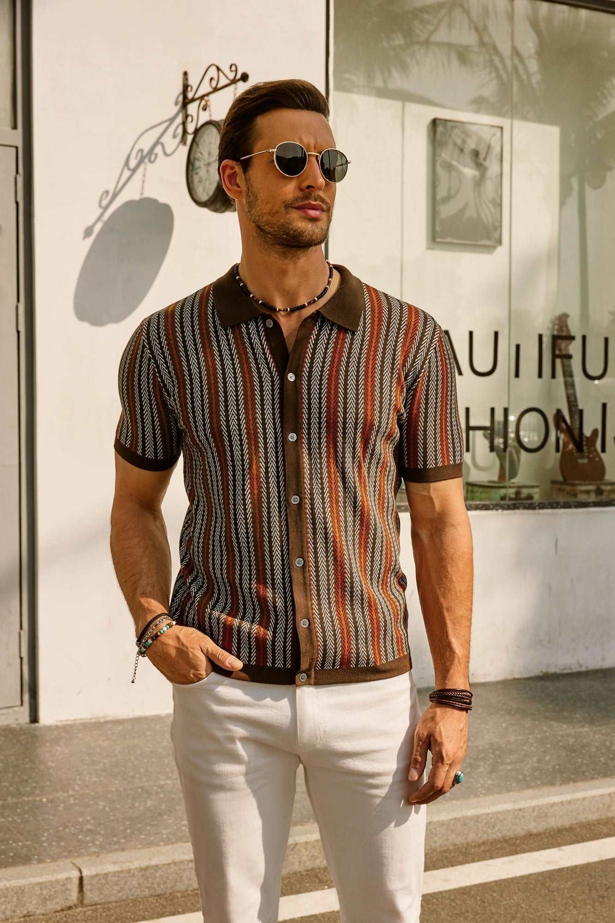 Men's Button-Down Striped Polo Shirt